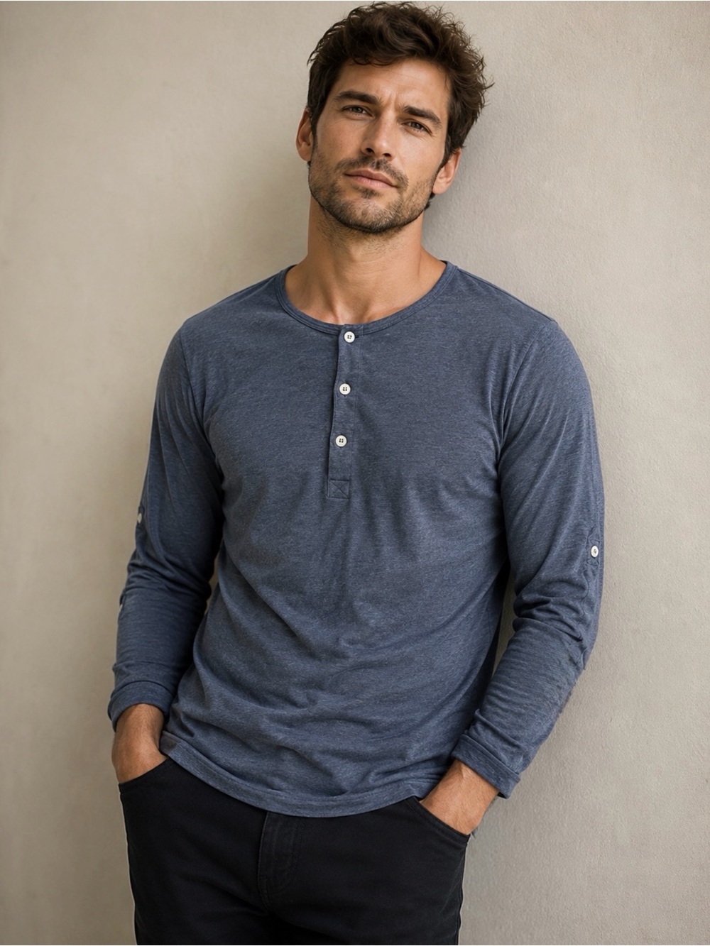 Mizzen+Main Men's Long-Sleeve Henley Shirt in Slate Blue